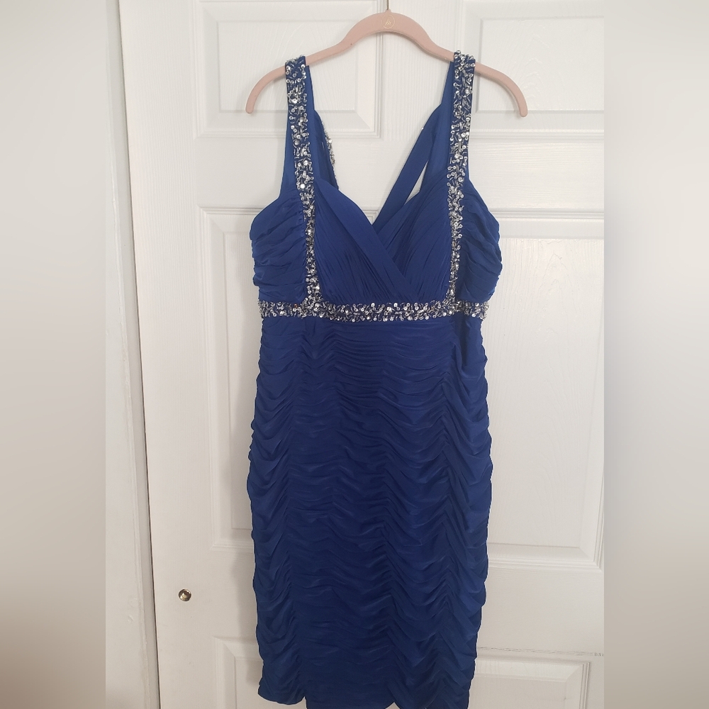 Betsy Adam Blue Ruched Rhinestone Dress 18w Plus Size Nwt